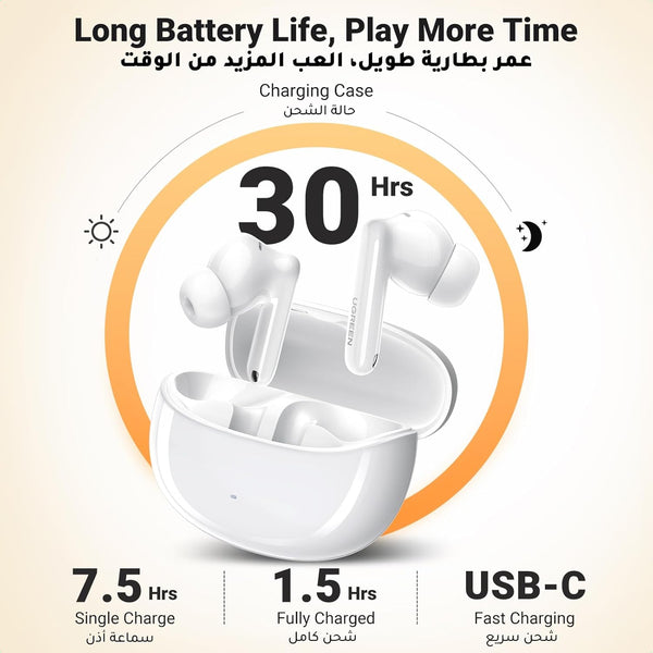 Ugreen HiTune T3 Pro Earbuds, Active Noise Cancellation, 7 hours playtime, 24 hours with charging - White