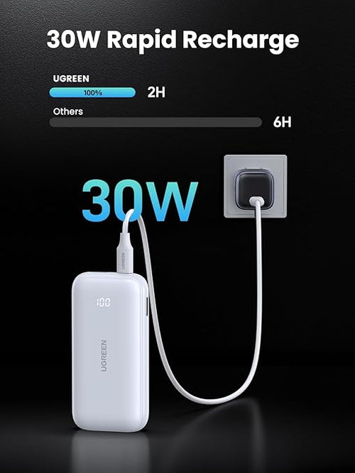 UGREEN 30W Power Bank Mini 10,000mAh Battery Pack 2-Port PD3.0 USB C+A Fast Charging Digital Display - Black / White