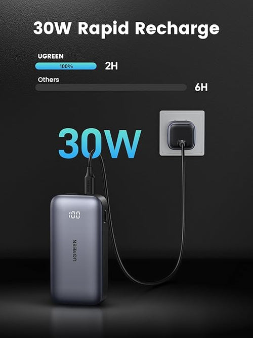 UGREEN 30W Power Bank Mini 10,000mAh Battery Pack 2-Port PD3.0 USB C+A Fast Charging Digital Display - Black / White