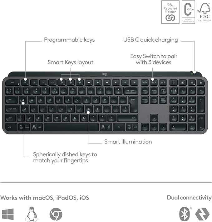 Logitech MX Keys S Wireless Keyboard, - Graphite ARA 900 g