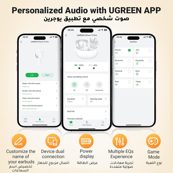 Ugreen HiTune T3 Pro Earbuds, Active Noise Cancellation, 7 hours playtime, 24 hours with charging - White