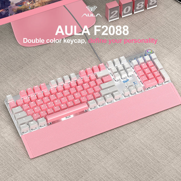 Aula F2088 Black Switch Wired Gaming Keyboard English & Arabic - White and Pink