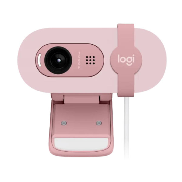 Logitech Brio 100 Full HD 1080p webcam with auto-light balance, integrated privacy shutter, and built-in mic - White / Pink