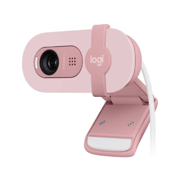 Logitech Brio 100 Full HD 1080p webcam with auto-light balance, integrated privacy shutter, and built-in mic - White / Pink