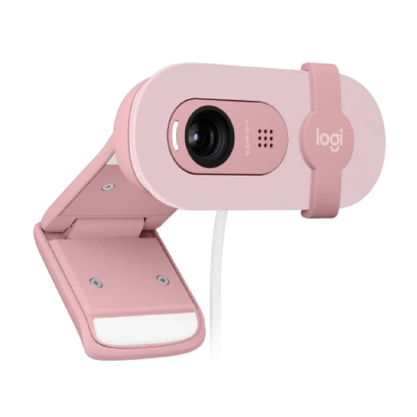 Logitech Brio 100 Full HD 1080p webcam with auto-light balance, integrated privacy shutter, and built-in mic - White / Pink